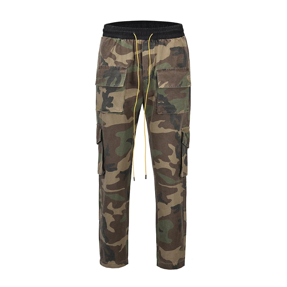 camouflage cargo pants men vintage side multi pocket button mens camou straight trousers streetwear military overalls for male unique cargo style 2079