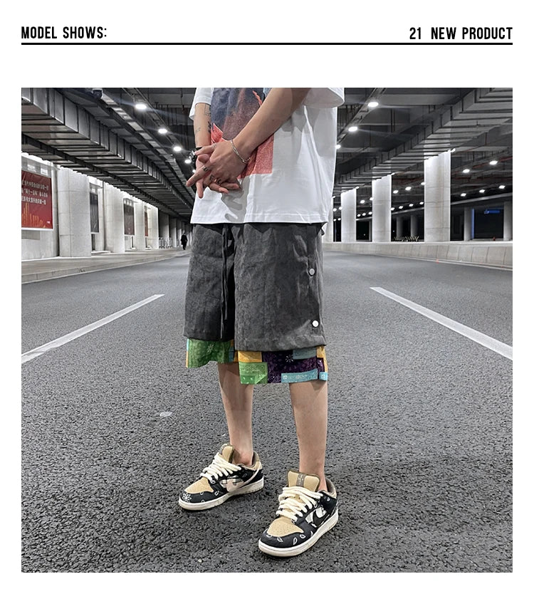 men side buttons patchwork harajuku straight shorts new elastic waist short pants joggers hip hop streetwear casual sweatshorts unique joggers style 1082