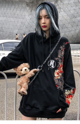 2023 Men Hip Hop Hoodie Sweatshirt Embroidered Floral Full Moon Rabbit Harajuku Streetwear Hoodie Pullover Cotton Autumn Hipster