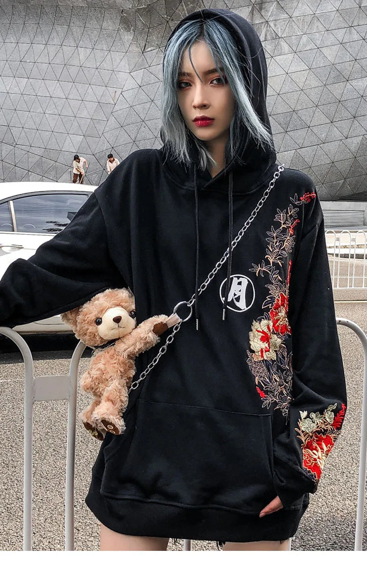 2023 Men Hip Hop Hoodie Sweatshirt Embroidered Floral Full Moon Rabbit Harajuku Streetwear Hoodie Pullover Cotton Autumn Hipster