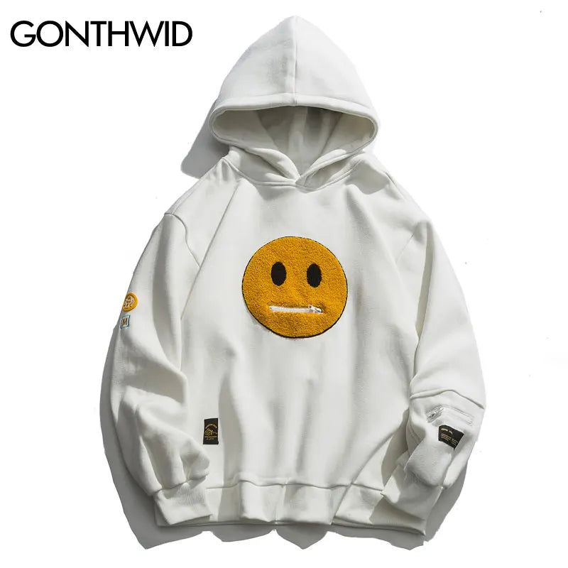 Gonthwid Hoodies Streetwear Hip Hop Zipper Pocket Smile Face Patchwork