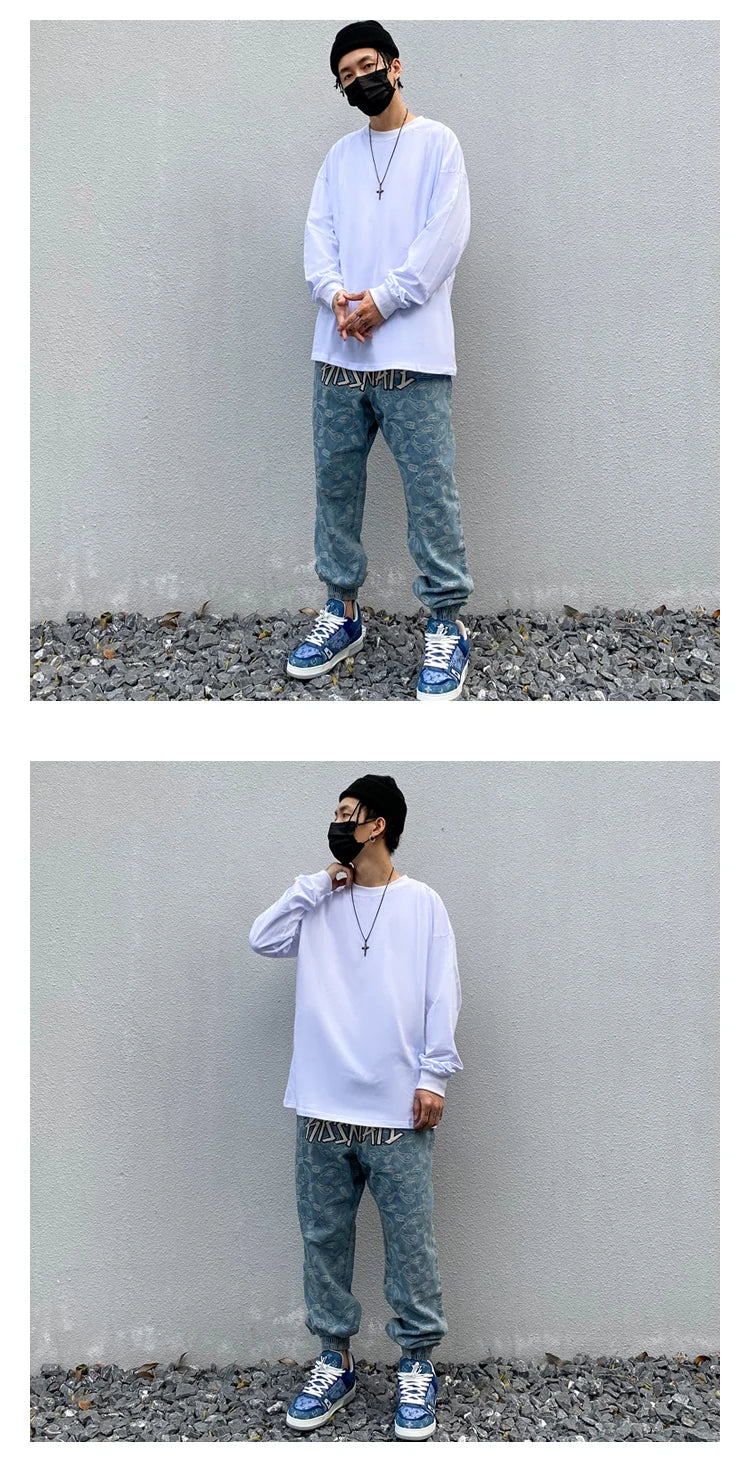 hip hop loose fit elastic waist pants fashion embroidery denim ankle pants mens new casual drewstring sportwear pants joggers unique joggers style 2189