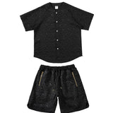 2 Pieces Sets Men Harajuku Pattern Single Breasted Short Sleeve Baseball Shirts and Drewstring Shorts Joggers Streetwear Sets