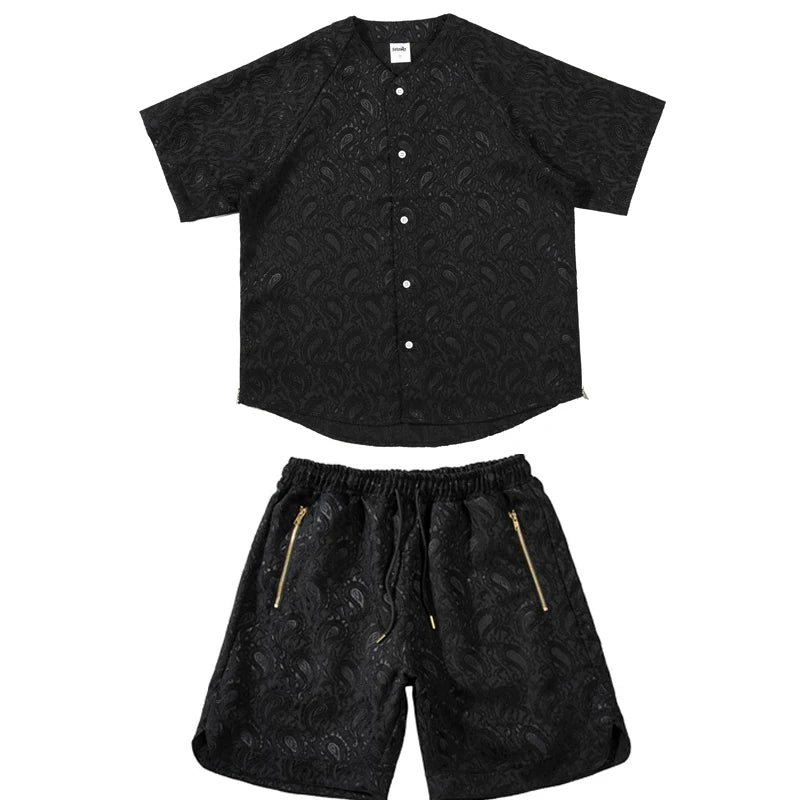 2 Pieces Sets Men Harajuku Pattern Single Breasted Short Sleeve Baseball Shirts and Drewstring Shorts Joggers Streetwear Sets