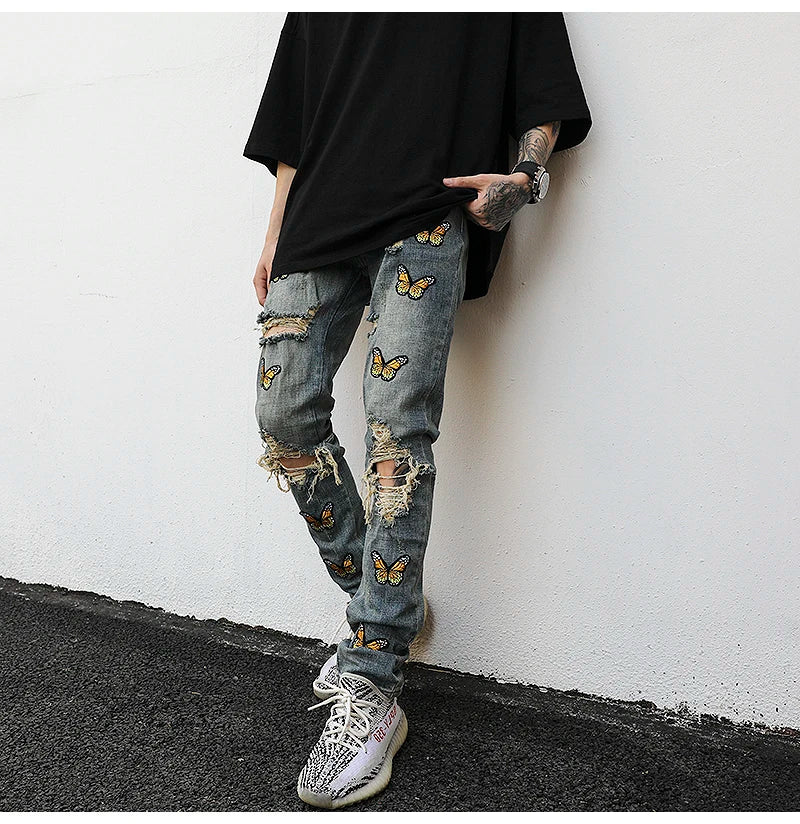 high street butterfly embroidery knee ripped hole jeans mens casual hip hop distressed jeans slim fit skinny denim pants joggers unique joggers style 1887