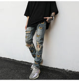 high street butterfly embroidery knee ripped hole jeans mens casual hip hop distressed jeans slim fit skinny denim pants joggers unique joggers style 1887