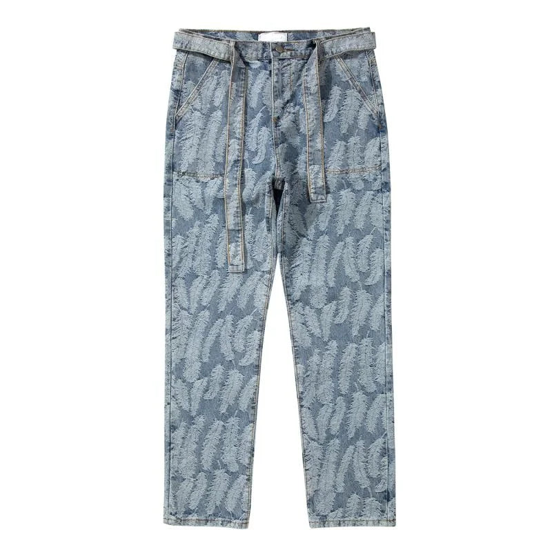 high street feathers embroidery denim pants mens zipper straight jeans trouser with belt hip hop streetwear loose joggers pants unique joggers style 3588