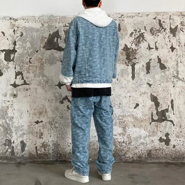 2 pieces sets men fashion patchwork single breast denim jeans hooded jacket coat and loose straight pants joggers streetwear set relaxed fit joggers