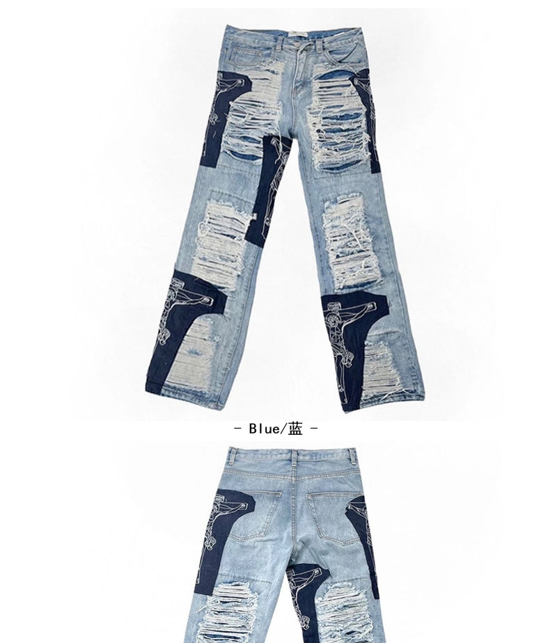 men high street denim jean pants casual loose destroyed ripped holes straight jeans fashion patchwork hip hop streetwear joggers unique joggers style 4517