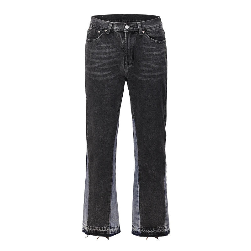 high street washed color match frayed micro flared jeans mens straight spliced retro loose casual denim pants hip hop trousers unique jeans style 23