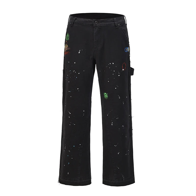 2023 streetwear graffiti cargo flared jeans khaki black splash ink wide leg denim pant hip hop cargo trousers jean men baggy cargo bottoms