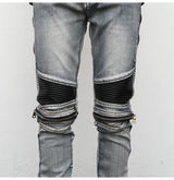 high street pu leather zippers patchwork biker jeans mens stretch denim slim jean pants motorcycle slim trousers hip hop pants unique jeans style 2310