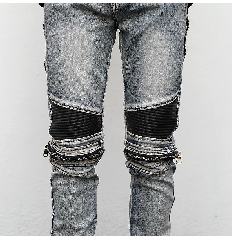 high street pu leather zippers patchwork biker jeans mens stretch denim slim jean pants motorcycle slim trousers hip hop pants unique jeans style 2310
