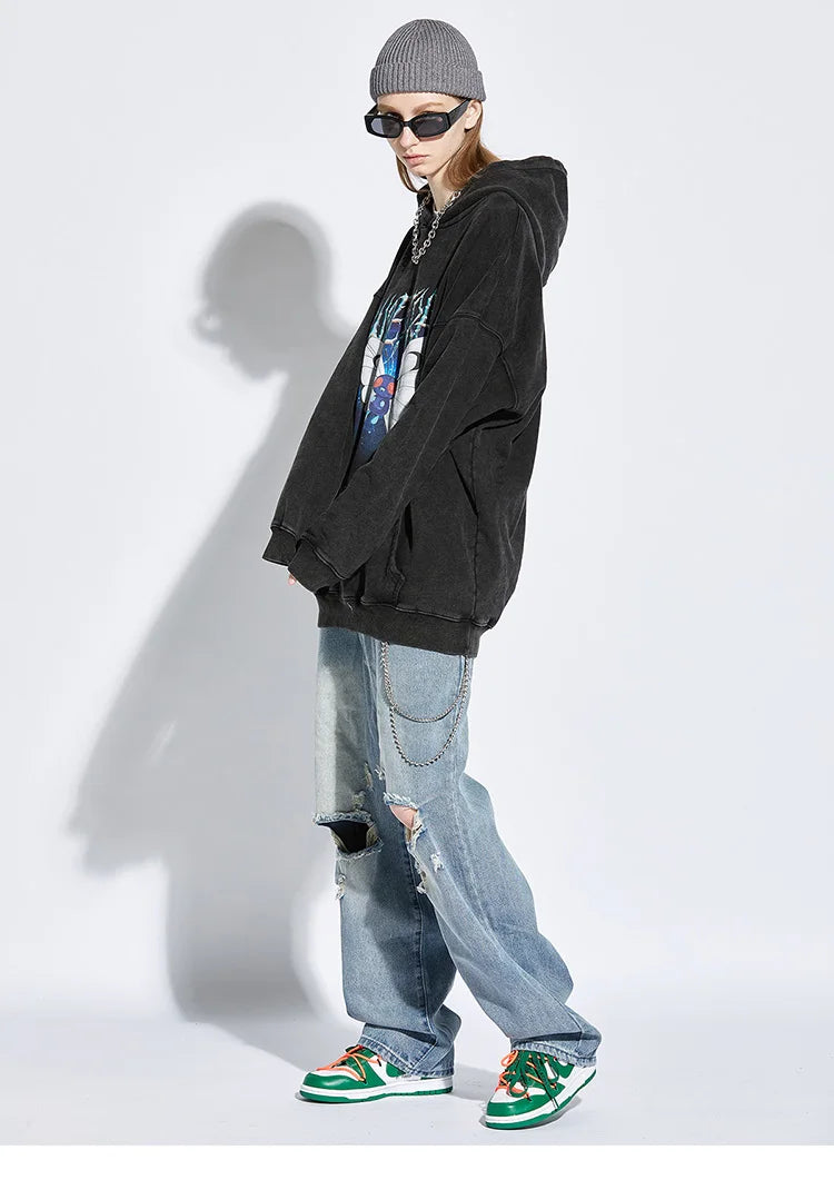 2023 Men Hip Hop Hoodie Sweatshirt Lightning Butterfly Streetwear Hoodie Retro Vintage Washed Black Hooded Pullover Harajuku