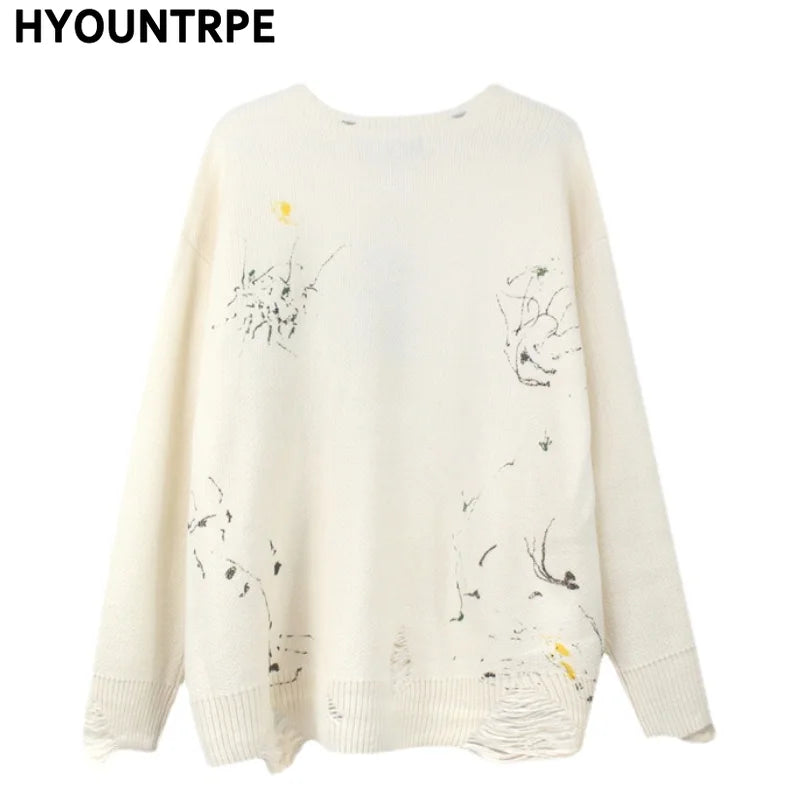 mens hip hop streetwear skull graffiti harajuku sweaters casual knitted sweater ripped holes cotton pullover men jumper sweater - vintage look oversized hoodie, anime inspired graphic hoodie, 2025 streetwear drop