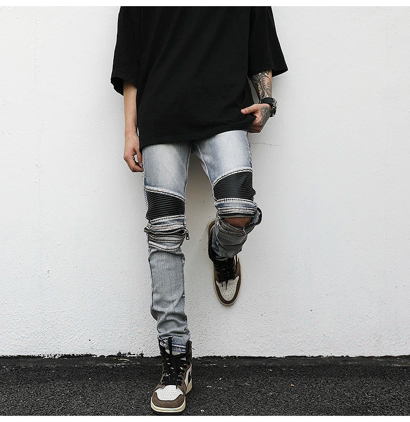 high street pu leather zippers patchwork biker jeans mens stretch denim slim jean pants motorcycle slim trousers hip hop pants unique jeans style 2308