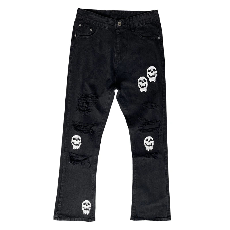 fashion skull printed denim jeans mens destoryed holes zipper flare jeans hip hop streetwear summer casual joggers jeans pants unique joggers style 3779