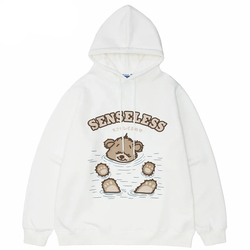 Men Hip Hop Streetwear Hoodie Sweatshirt Funny Bear Japanese Kanji Pul