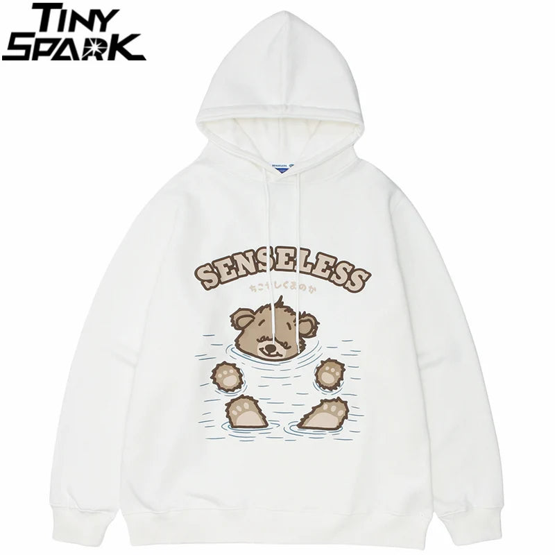 Men Hip Hop Streetwear Hoodie Sweatshirt Funny Bear Japanese Kanji Pul