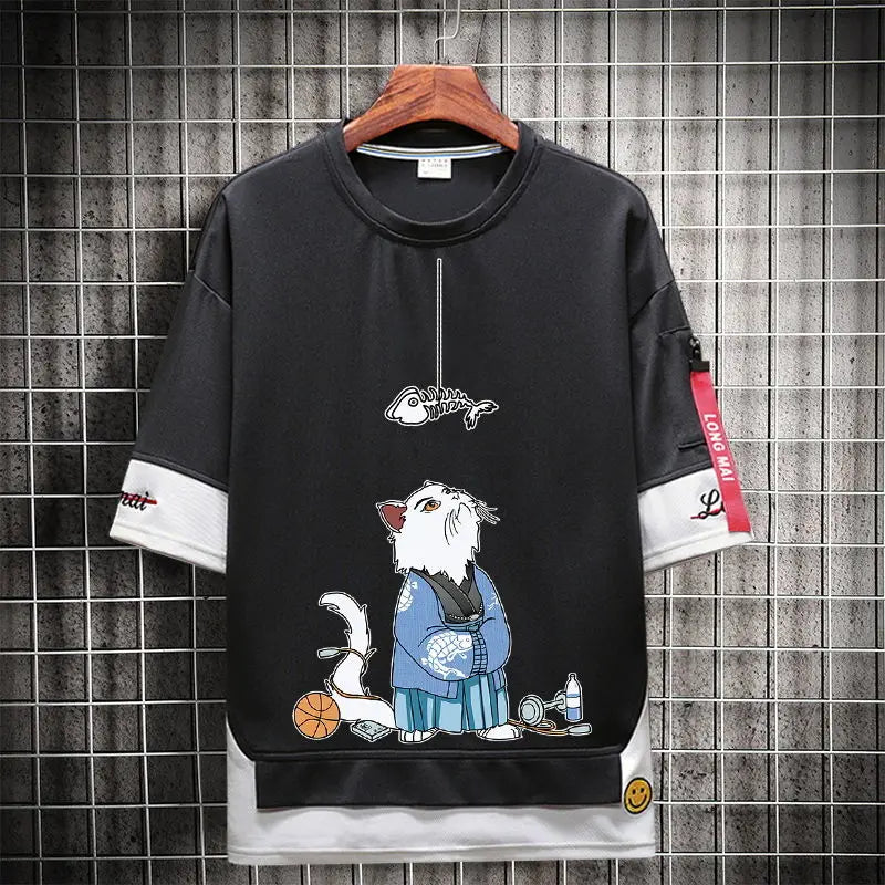 Anime Streetwear top – Hip Hop Kahaki T Shirt Short Sleeve Kawaii Harajuku Cat T Sh