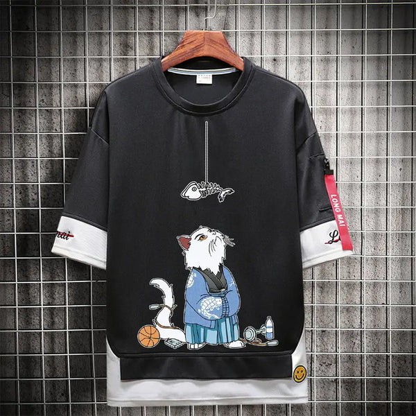 Anime Streetwear top – Hip Hop Kahaki T Shirt Short Sleeve Kawaii Harajuku Cat T Sh