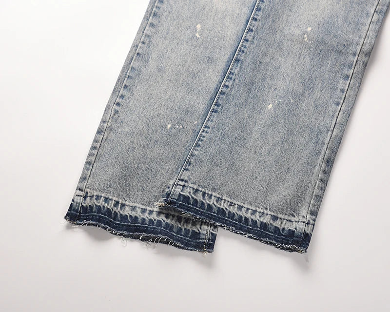 high street washed splash ink retro wide leg flared pants mens straight casual jeans for men harajuku loose denim trousers unique jeans style 4556