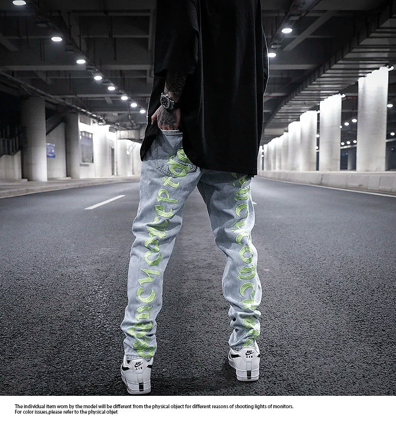 men back letter embroidery denim jean pants fashion slim zipper biker jeans trouser new casual hip hop streetwear pants joggers unique joggers style 1302