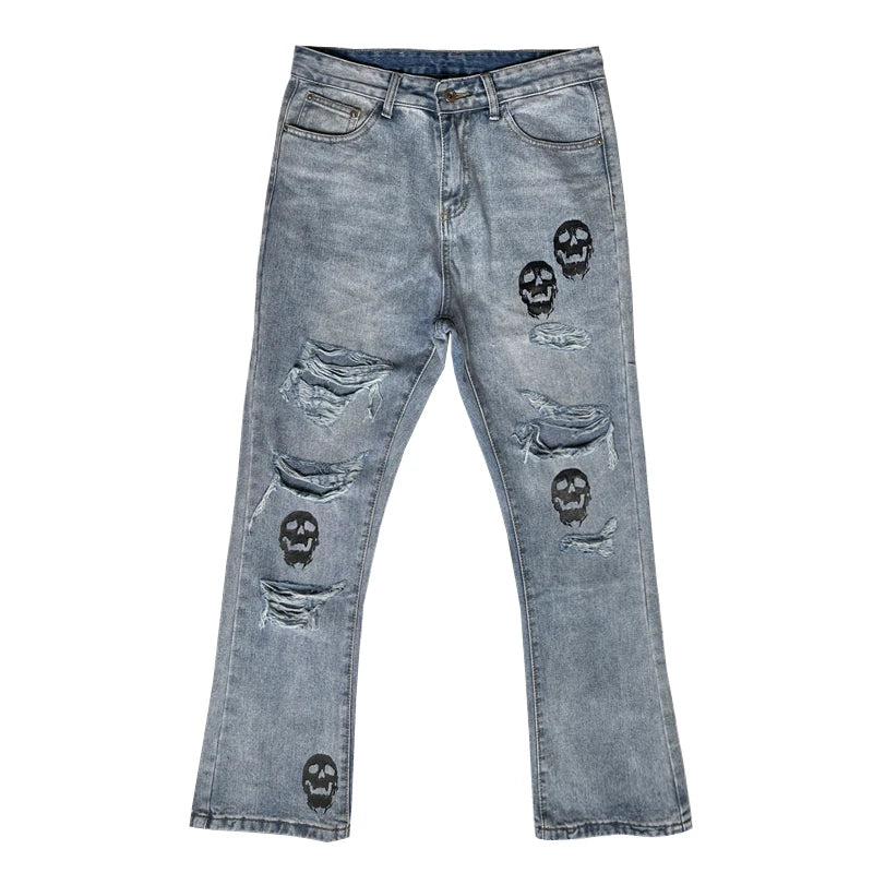 fashion skull printed denim jeans mens destoryed holes zipper flare jeans hip hop streetwear summer casual joggers jeans pants unique joggers style 3765
