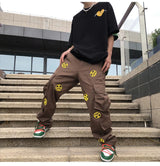 mens high street smilely loose cargo pants casual zipper straight jeans hip hop side pockets loose fit streetwear casual joggers unique joggers style 3480