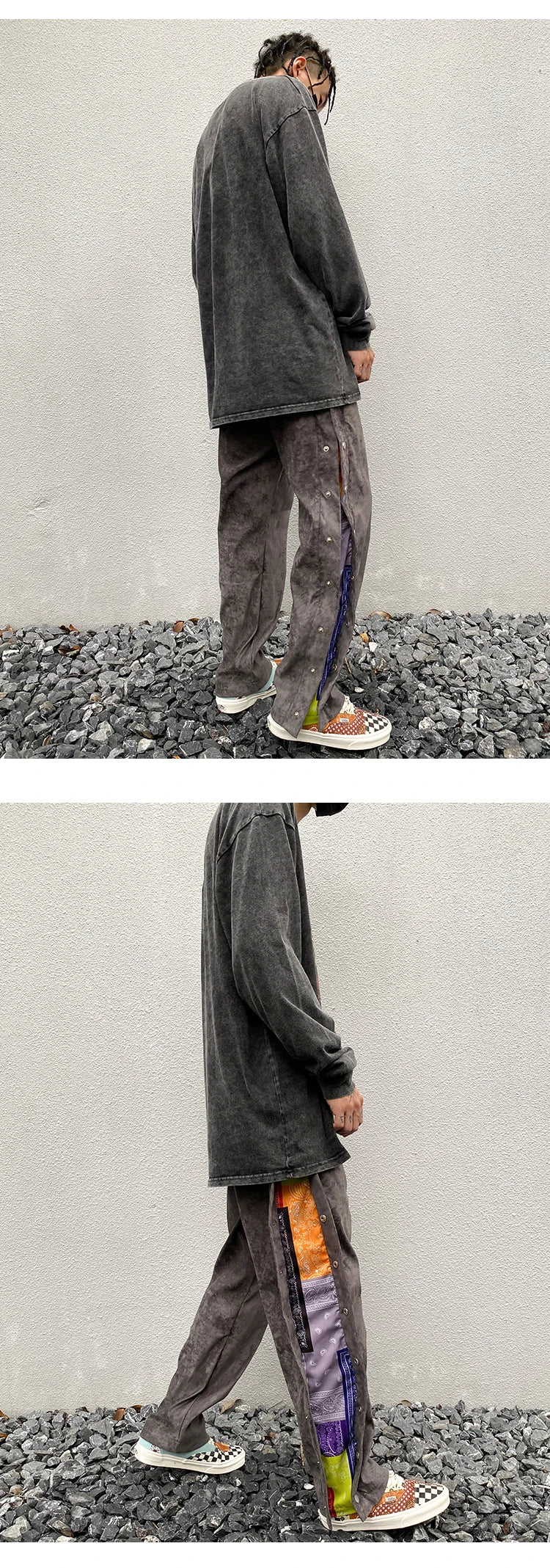 mens side buttons patchwork harajuku straight pants casual elastic waist fake suede trousers hip hop streetwear casual joggers unique joggers style 3906