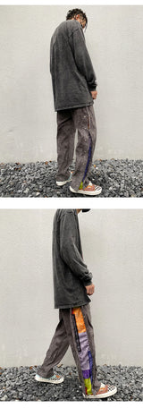 mens side buttons patchwork harajuku straight pants casual elastic waist fake suede trousers hip hop streetwear casual joggers unique joggers style 3906