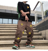 mens high street smilely loose cargo pants casual zipper straight jeans hip hop side pockets loose fit streetwear casual joggers unique joggers style 3479