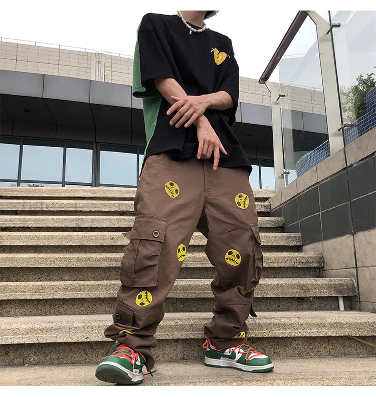 mens high street smilely loose cargo pants casual zipper straight jeans hip hop side pockets loose fit streetwear casual joggers unique joggers style 3479