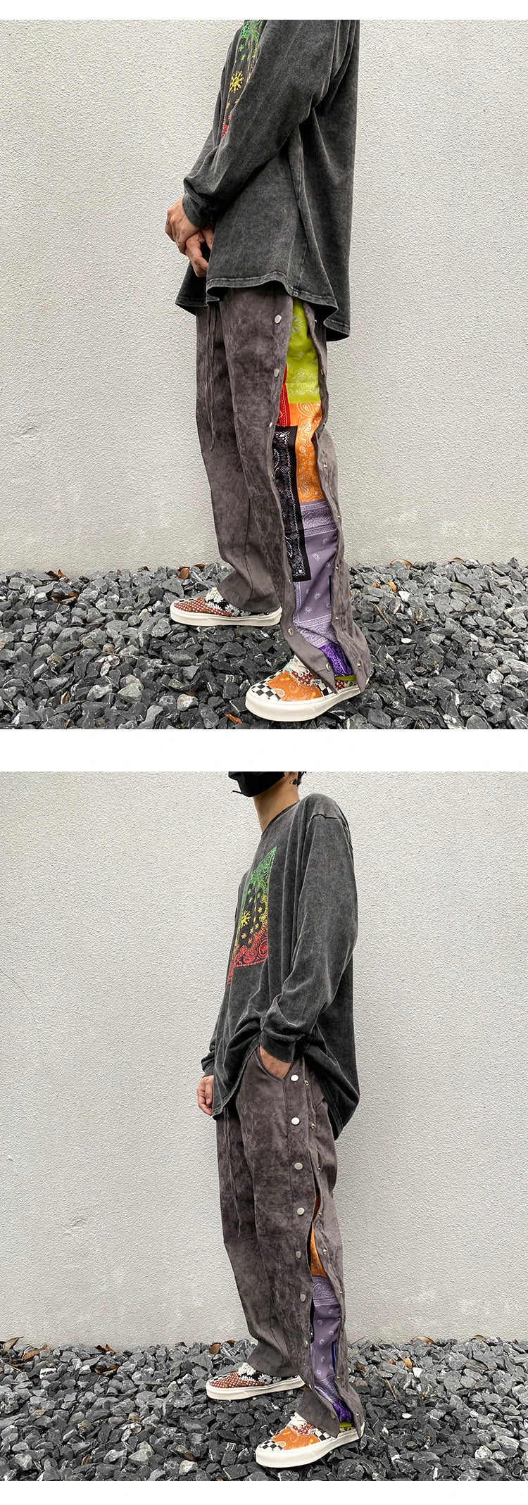mens side buttons patchwork harajuku straight pants casual elastic waist fake suede trousers hip hop streetwear casual joggers unique joggers style 3905