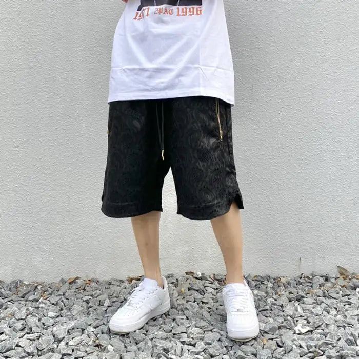 hip hop loose shorts elastic waist pants fashion printed zipper pocket half pants mens drewstring casual sportswear pant joggers unique joggers style 1106