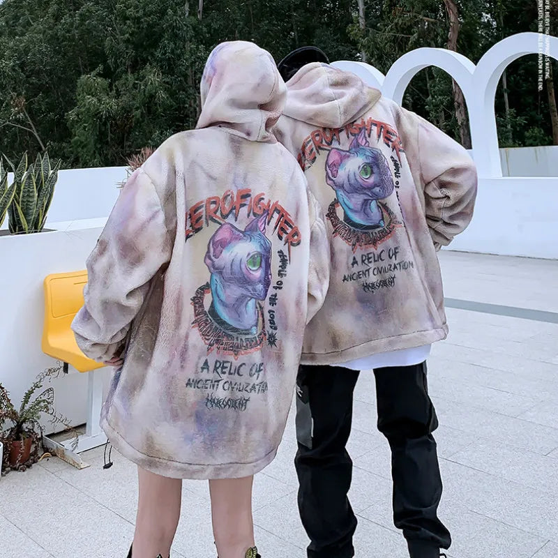 Gothic Oversized Tee – Mens Hip Hop Cats Harajuku Printed Fleece Jackets Coats – Streetwear Fashion for Men & Women