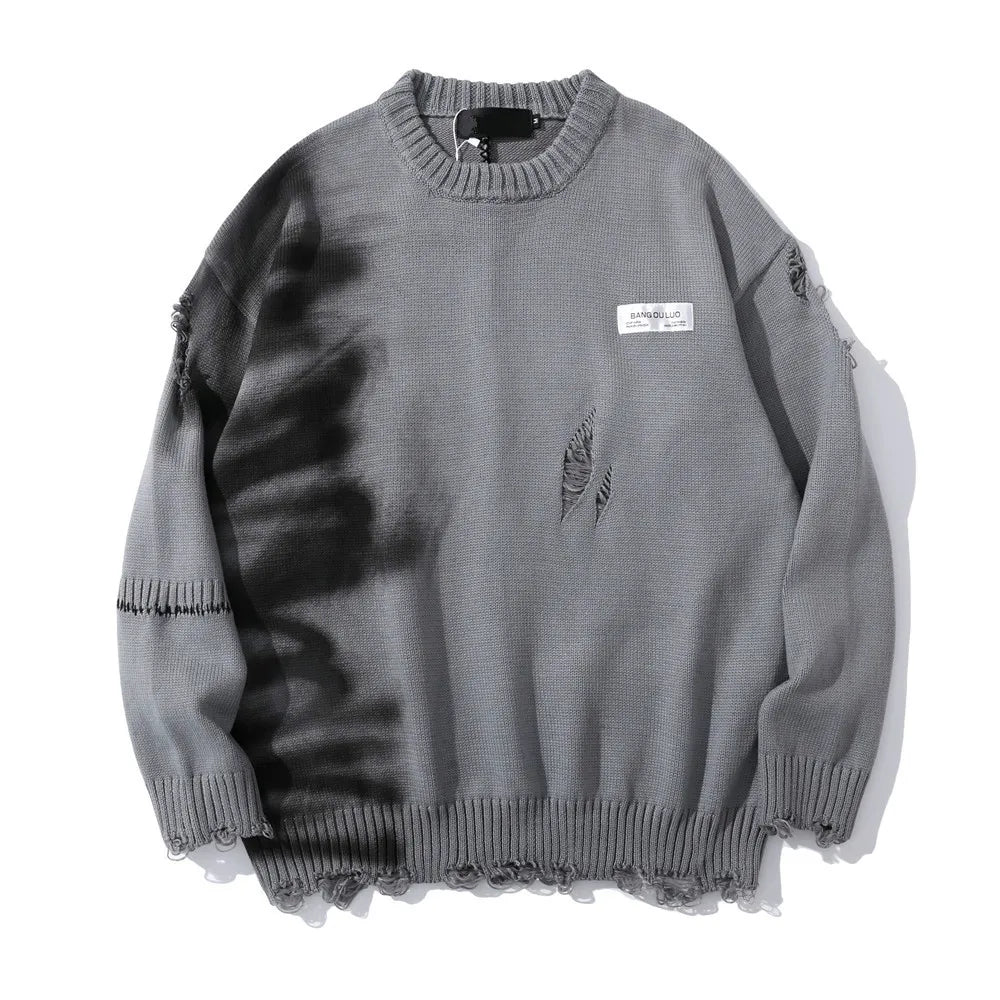 mens hip hop destroy ripped holes streetwear graffiti harajuku sweater vintage retro knitted sweater new casual cotton pullover urban wear with bold artwork, high quality cotton pullover, Y2K vintage urban hoodie