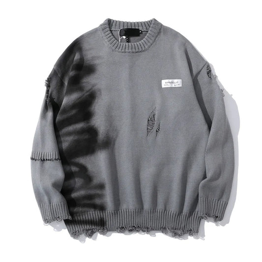 mens hip hop destroy ripped holes streetwear graffiti harajuku sweater vintage retro knitted sweater new casual cotton pullover urban wear with bold artwork, high quality cotton pullover, Y2K vintage urban hoodie