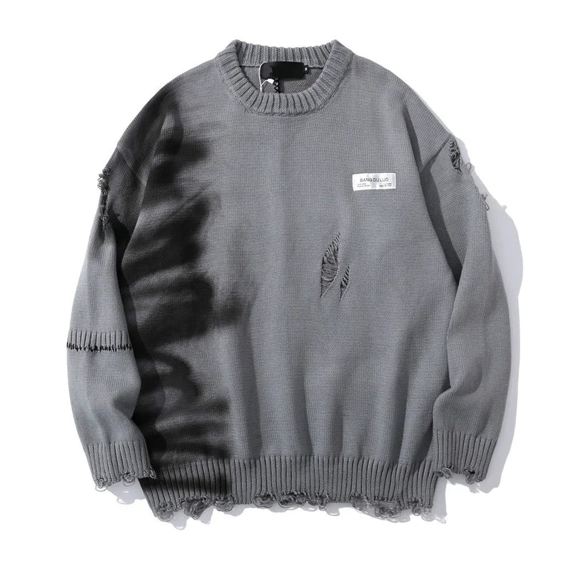 mens hip hop destroy ripped holes streetwear graffiti harajuku sweater vintage retro knitted sweater new casual cotton pullover urban wear with bold artwork, high quality cotton pullover, Y2K vintage urban hoodie