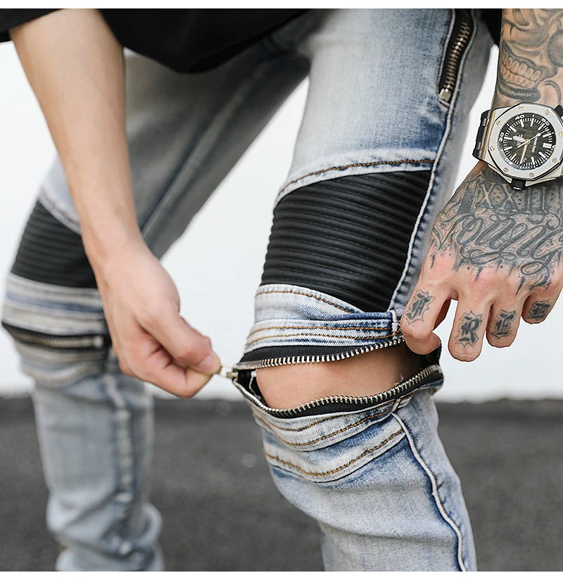high street pu leather zippers patchwork biker jeans mens stretch denim slim jean pants motorcycle slim trousers hip hop pants unique jeans style 2307