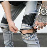 high street pu leather zippers patchwork biker jeans mens stretch denim slim jean pants motorcycle slim trousers hip hop pants unique jeans style 2307
