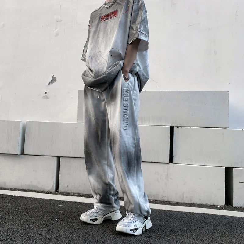 rainbowtouches classic fashion brand new trousers men tie dye gradient loose straight leg drape wide rope comfortable boys pants unique default style 2673