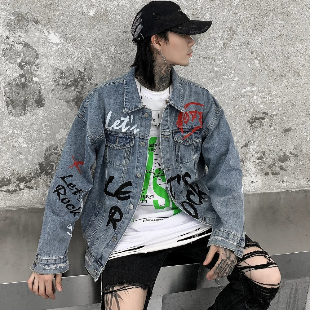 graphic outerwear featuring mens graffiti letter denim jackets fashion turn down collar long sleeve coats outerwear hip hop casual streetwear jeans jackets design – premium quality jacket for men