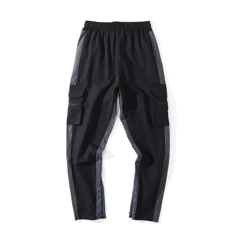hip hop loose fit elastic waist pants cargo pockets spliced reflective lines ankle pants mens drewstring sportwear pants joggers sporty tapered joggers
