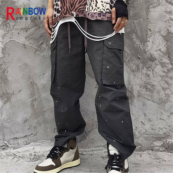 rainbowtouches fashion classic brand mens baggy cargo pants soild color trousers loose straight tooling style lace up overalls combat utility trousers