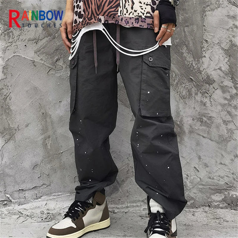 rainbowtouches fashion classic brand mens baggy cargo pants soild color trousers loose straight tooling style lace up overalls combat utility trousers