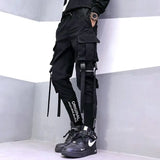 hip hop men ribbons cargo pants fashion harajuku 2023 new elastic waist casual streetwear mens joggers trousers black streetwear sweatpants