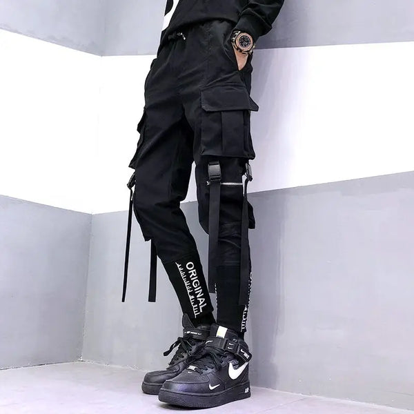 hip hop men ribbons cargo pants fashion harajuku 2023 new elastic waist casual streetwear mens joggers trousers black streetwear sweatpants