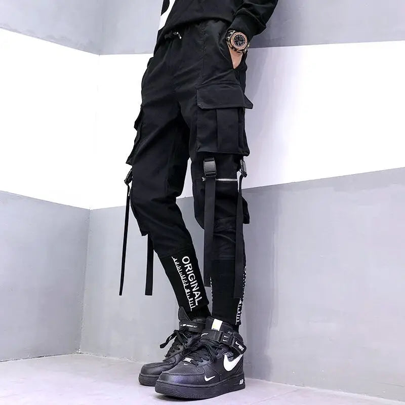 hip hop men ribbons cargo pants fashion harajuku 2023 new elastic waist casual streetwear mens joggers trousers black streetwear sweatpants