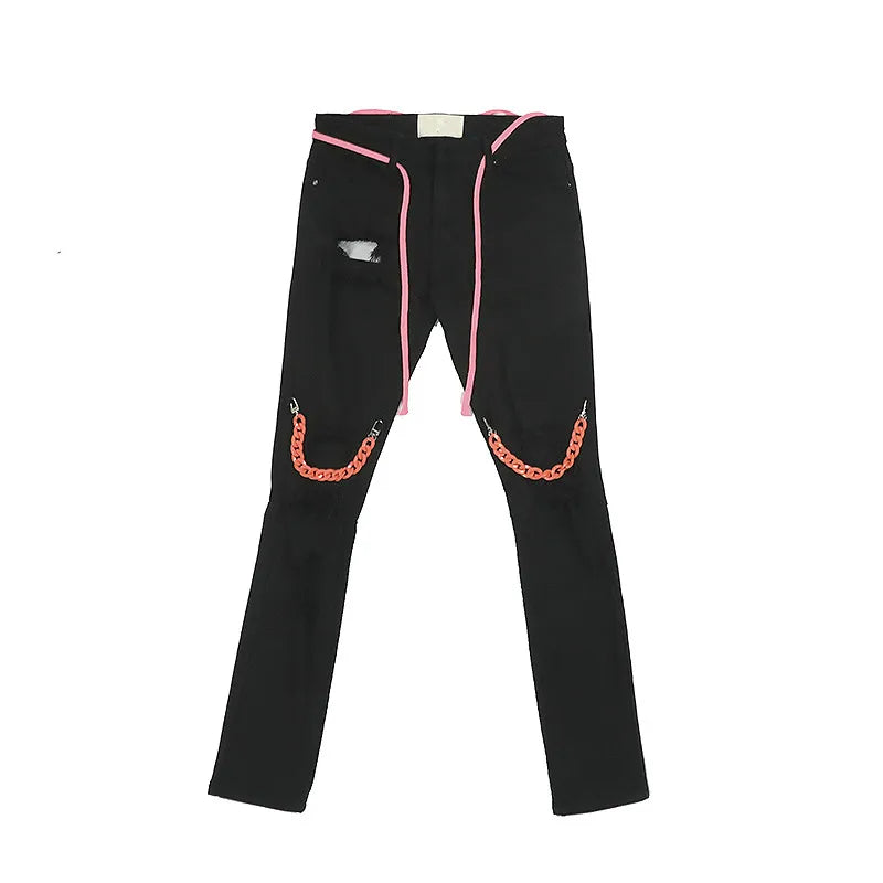 high street knee hole with chain ripped biker jeans mens slim fit denim pants autumn new streetwear casual hip hop pants joggers unique joggers style 4246